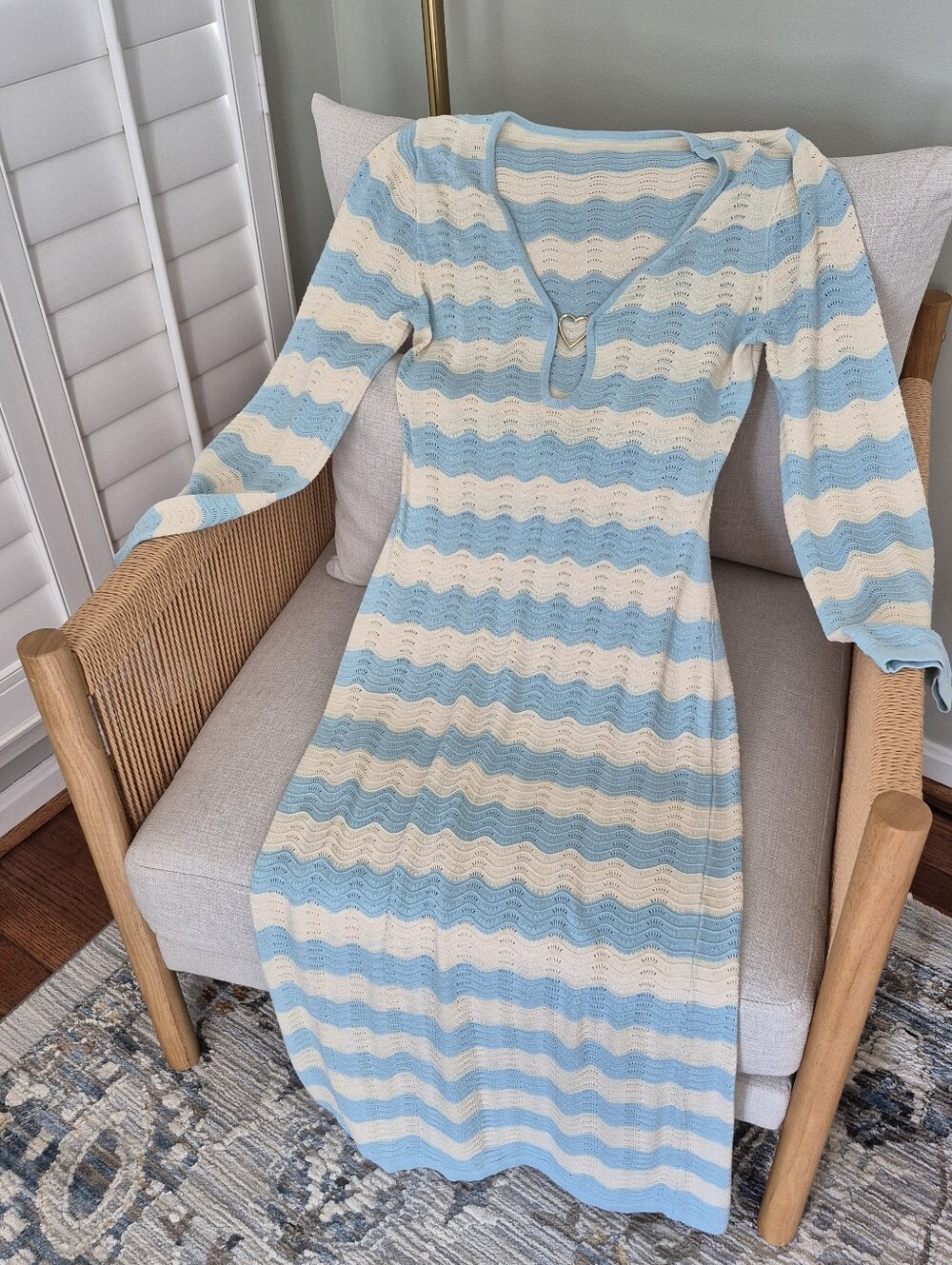 Striped Crochet Knit Maxi Dress in Blue and Cream Beach Swim Coverup Small